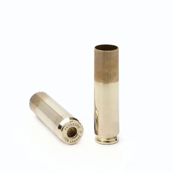Peterson Unprimed Rifle Brass 400 Legend, two straight gold cases, one upright and one on its side