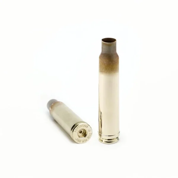 Peterson Unprimed Rifle Brass 338 Win Mag, two gold cases, one upright and one showing case head