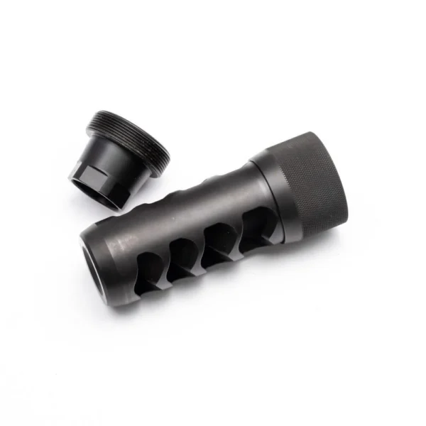 Area419 Sidewinder Magnum Self Timing Muzzle Brake black side view with ports and threaded adapter