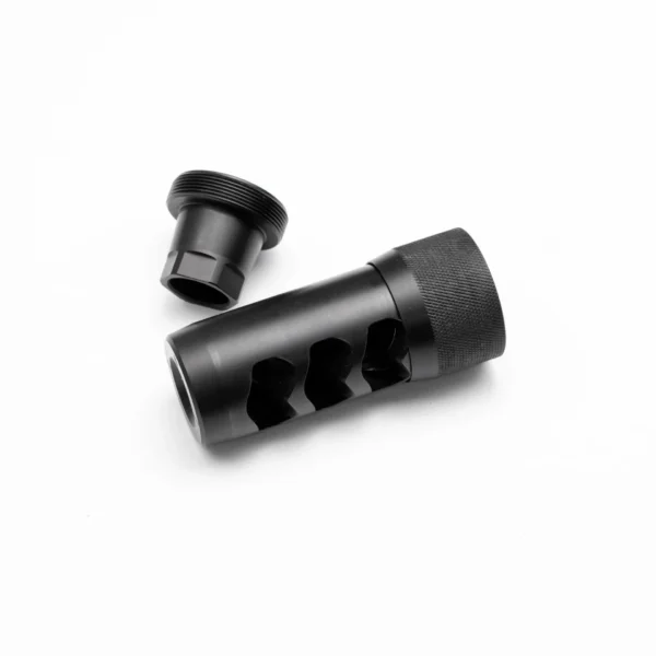 Area419 Hellfire Self Timing Muzzle Brake, black angled view with adapter and three side ports