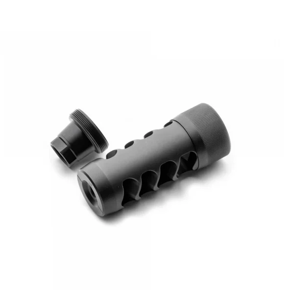 Area419 Area 419 Hellfire Match black muzzle brake, angled view with side ports and adapter