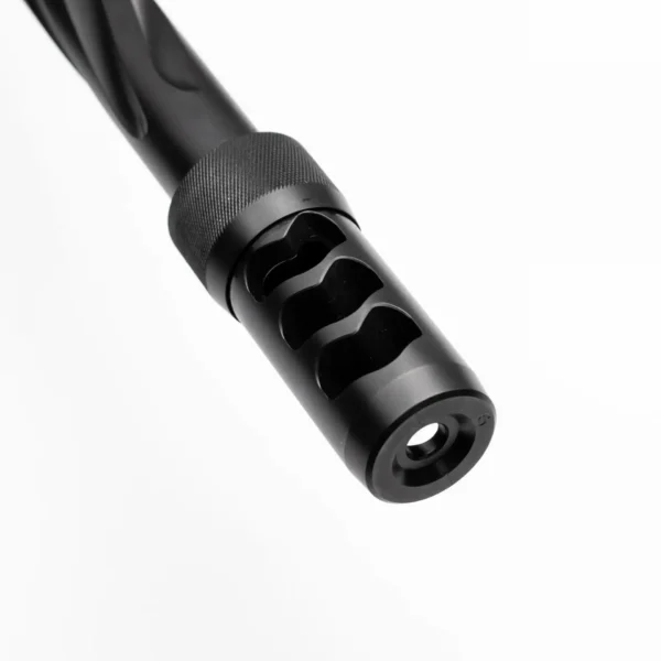 Area419 Hellfire black muzzle brake mounted on a barrel in angled front view with side ports