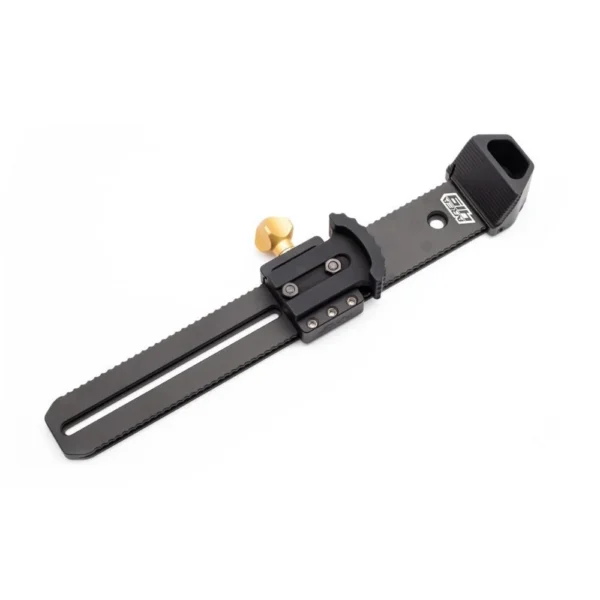 Area419 ARCALOCK Universal Barricade Rail Kit, black angled top view with clamp and brass knob