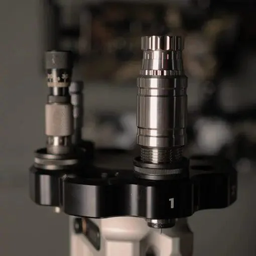 Area419 Zero M-Series Sizing Dies 6 BR, close-up of two metal dies mounted in a black holder