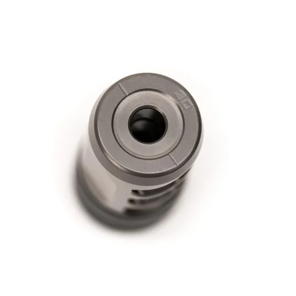 Area419 Hellfire Titanium muzzle brake, angled front view with round bore and side ports