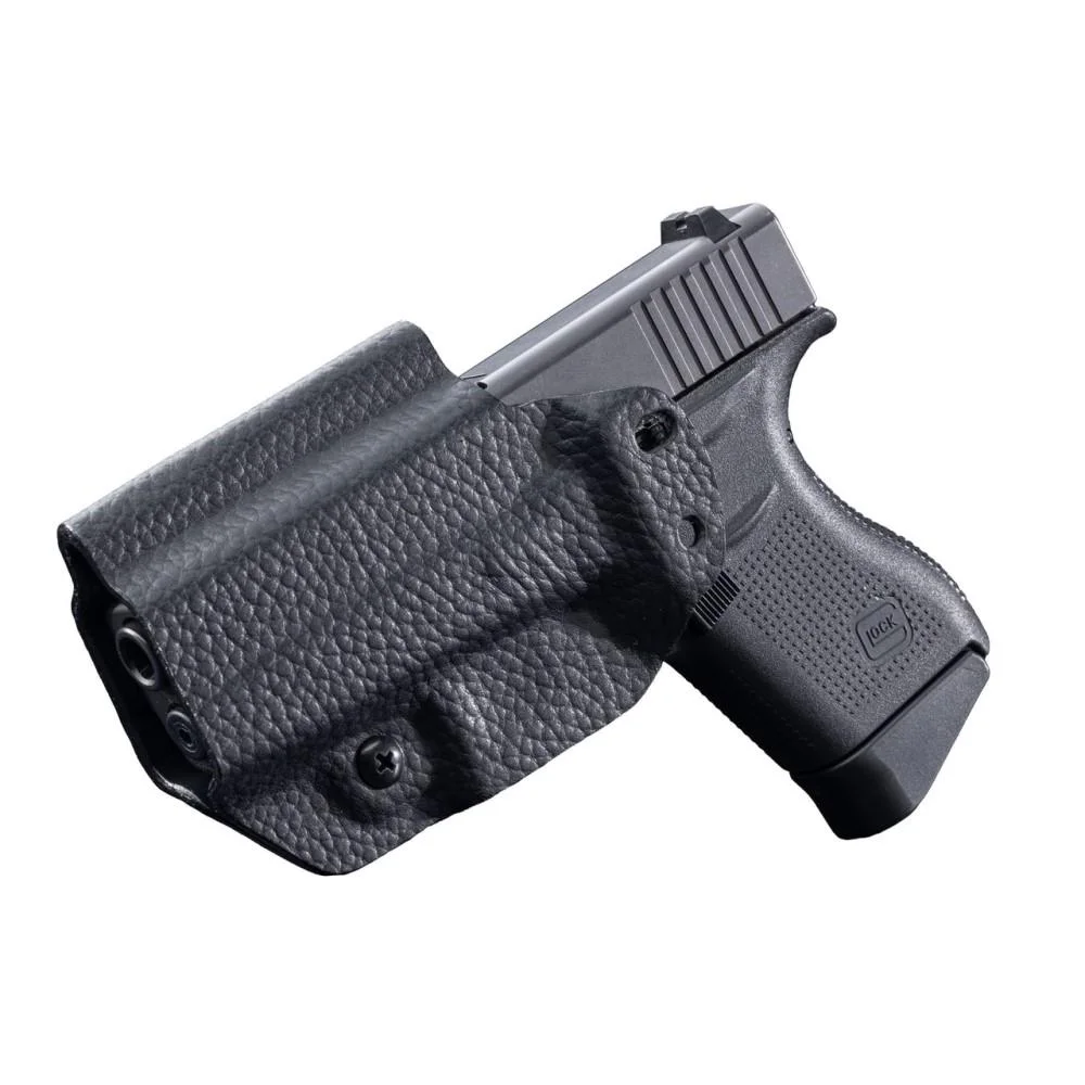 primary-42452 Mission First Tactical Leather Hybrid holster, black front view holding a compact pistol
