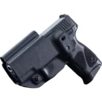 Mission First Tactical Leather Hybrid Holster, black right-side view holding a black Taurus handgun