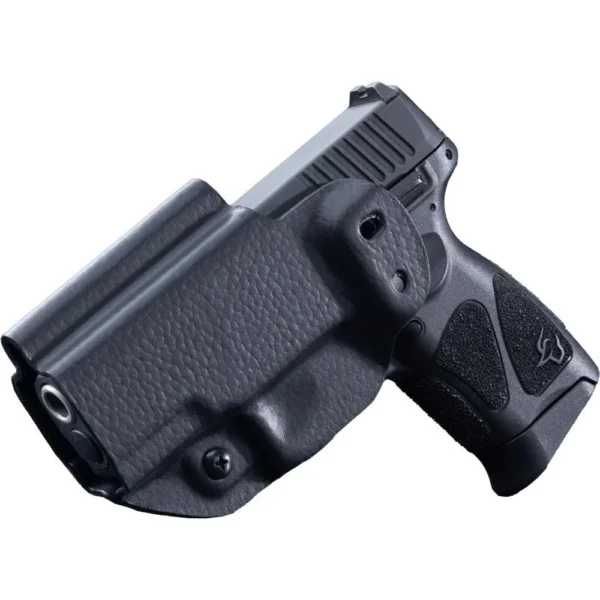 Mission First Tactical Leather Hybrid Holster, black right-side view holding a black Taurus handgun