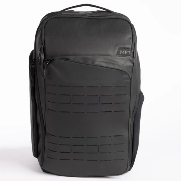 Mission First Tactical ACHRO 30L EDC Backpack, black pack with zip pockets, front view