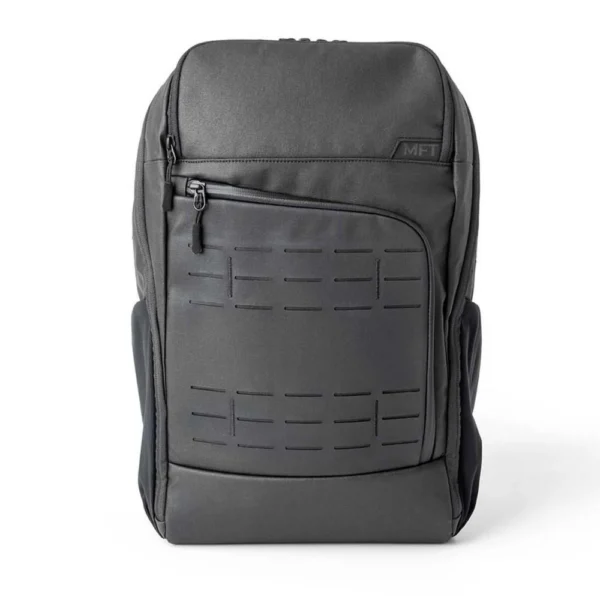 Mission First Tactical ACHRO 22L EDC Backpack Black, front view with zip pockets and slotted panel