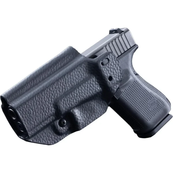 Mission First Tactical Leather Hybrid IWB/OWB Holster black holster, angled view with pistol
