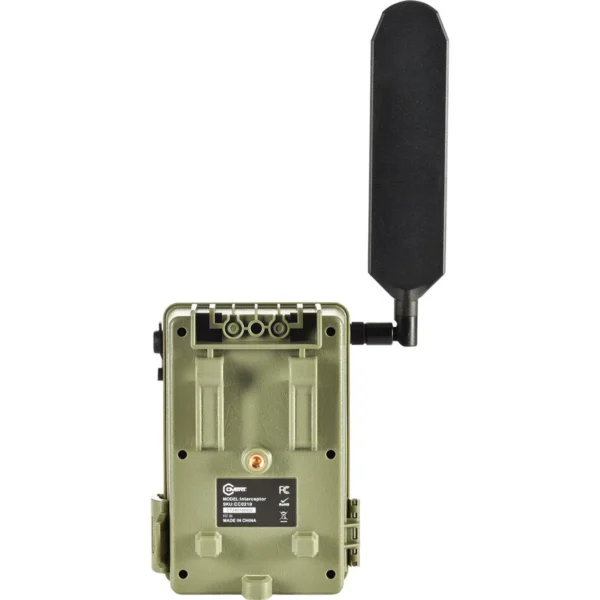 Covert Camera Interceptor Pro 20 MP Tan trail camera rear view with tall black antenna