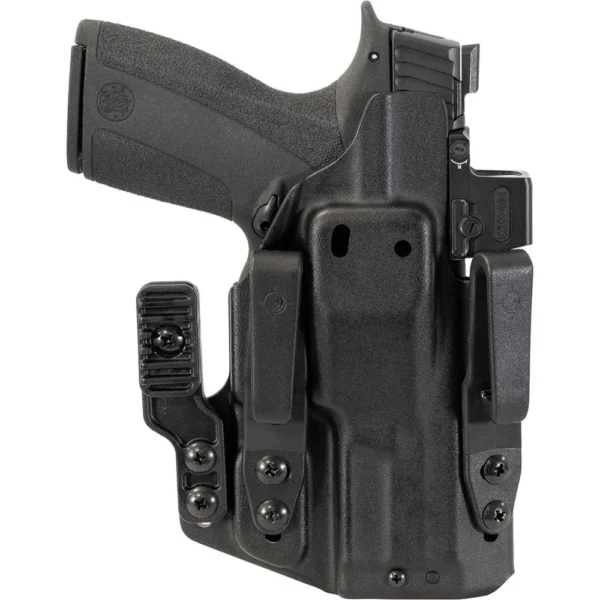 Mission First Tactical Pro Series IWB Holster, black front view with pistol and belt clips