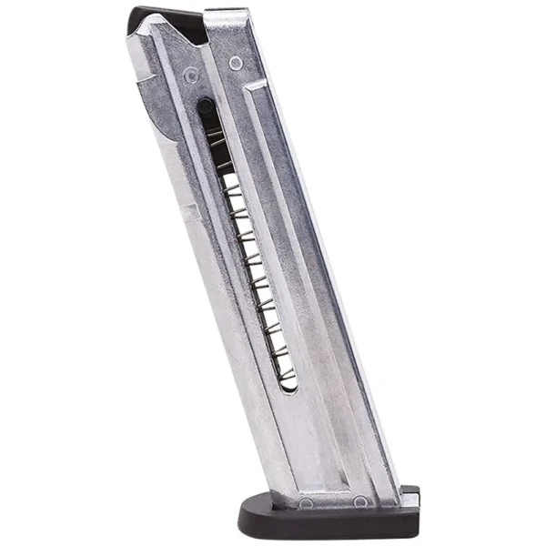 American Tactical Inc-ATI ATI GSG Firefly magazine, angled side view with silver body and black base