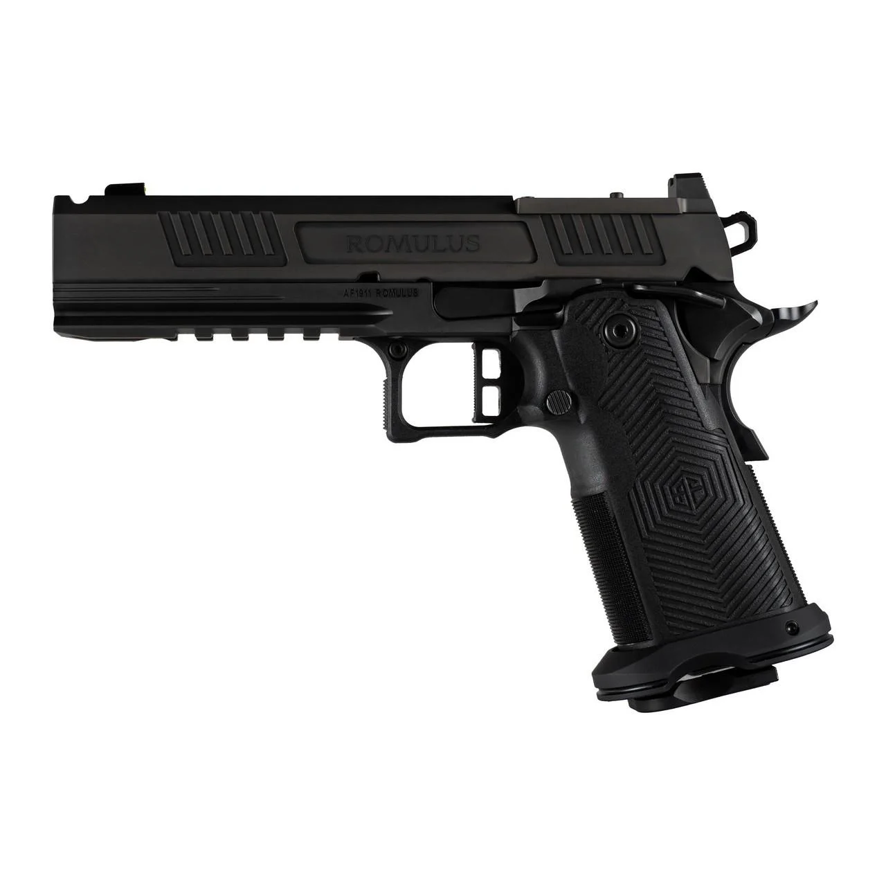 primary-42487 Alpha Foxtrot AF1911-ROMULUS 9MM 20Rd Magazine (5) 5" BULL Ramped Ported Barrel MOS Optic Cut DLC BLK