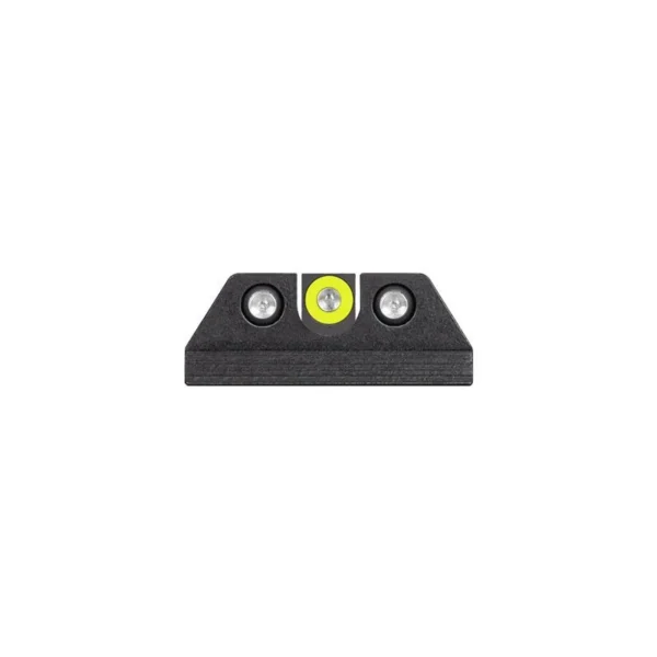 Night Fision Night Sight Set, black rear view with two white dots and yellow center marking