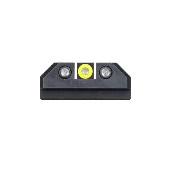 Night Fision night sight set, rear view of black sight with yellow front insert and two dots