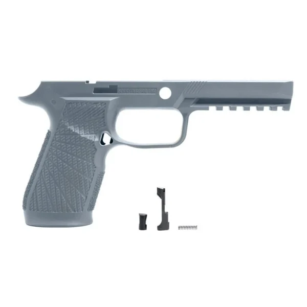 Wilson Combat grip module for Sig P320 Full Size, grey right-side view with textured grip and loose parts