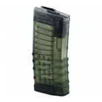 KCI USA AR-15 rifle magazine, angled front view in translucent smoke with black baseplate