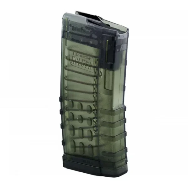 KCI USA AR-15 rifle magazine, angled front view in translucent smoke with black baseplate