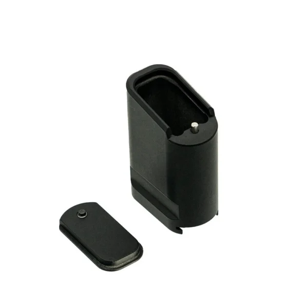 Shield Arms S15 Magazine Extension, black extension with detached base plate, angled view