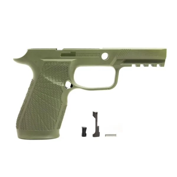 Wilson Combat Grip Module for Sig P320 Carry, green grip module and small black parts, left side view