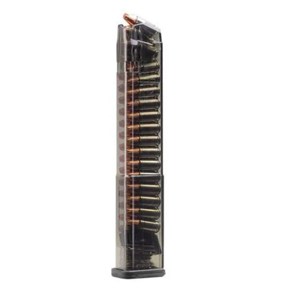 Elite Tactical Systems Carbon Smoke Gen 2 magazine, front view showing cartridges and orange follower
