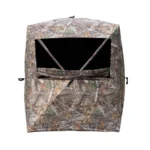 Rhino R102 2 Person Ground Blind in Realtree Edge camouflage, front view with open window