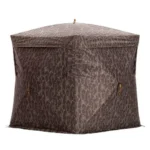 Rhino Blinds R180 Ground Blind, front view in brown Mossy Oak Bottomland camo with peaked roof