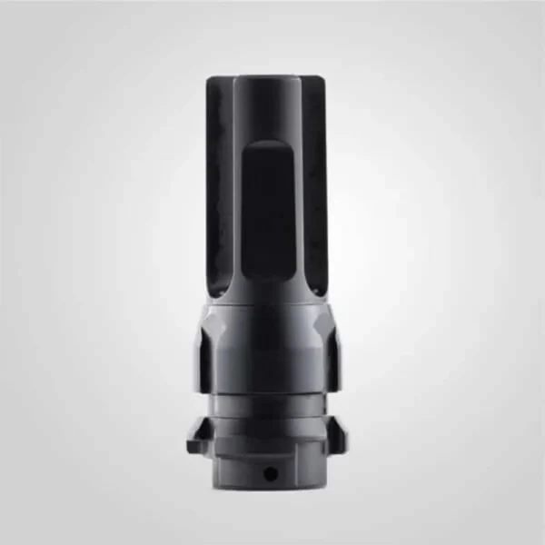 Dead Air KeyMo Flash Hider, black upright view with open ports and threaded base