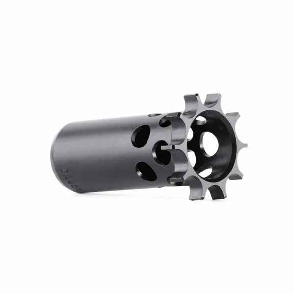 Dead Air P-Series Piston M14.5x1LH, black and silver angled view with toothed flange