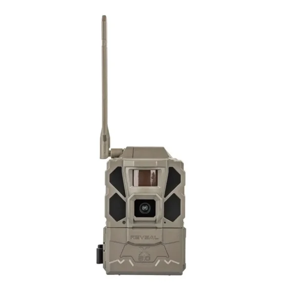 Tactacam Reveal X 3.0 Cellular Trail Camera, brown front view with lens and raised antenna