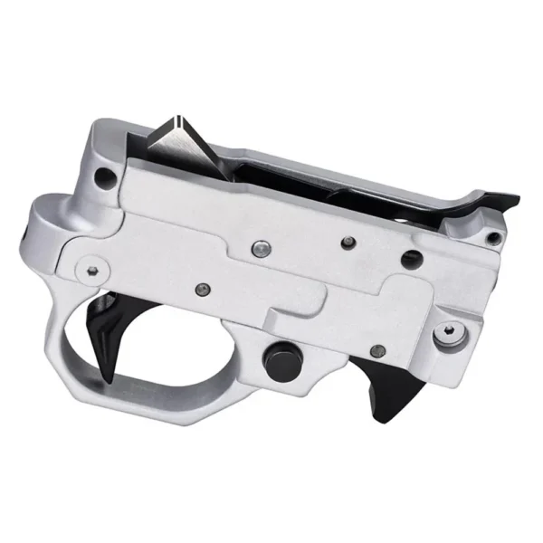 Volquartsen Drop-In Replacement Trigger Group silver side view with black trigger and controls