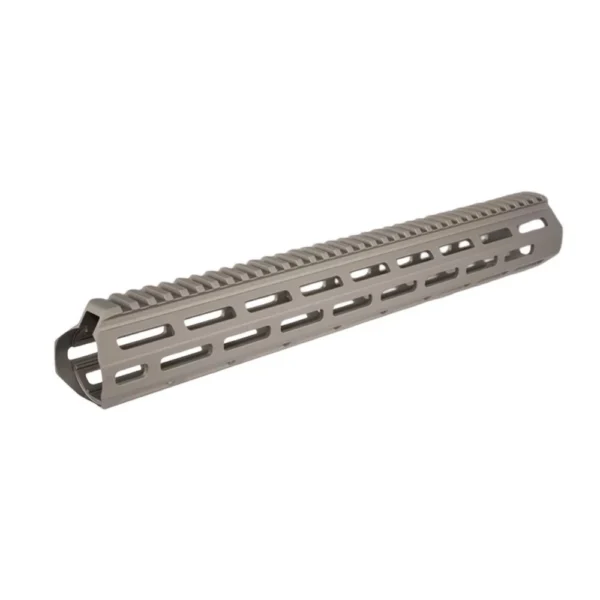 Q LLC Q Honey Badger M-LOK AR Handguard, grey angled view with top rail and elongated slots