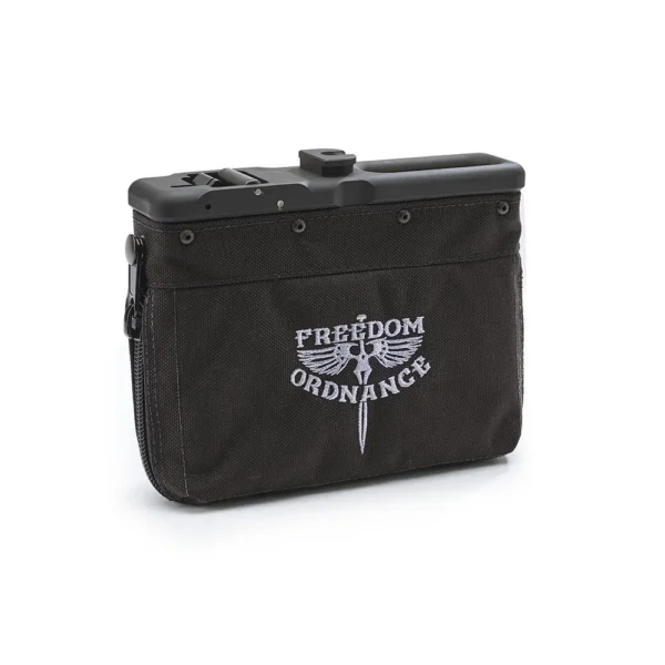 Freedom Ordnance FM-9/FM-9D 150rd Belt Bag Black, front view with logo and top fittings
