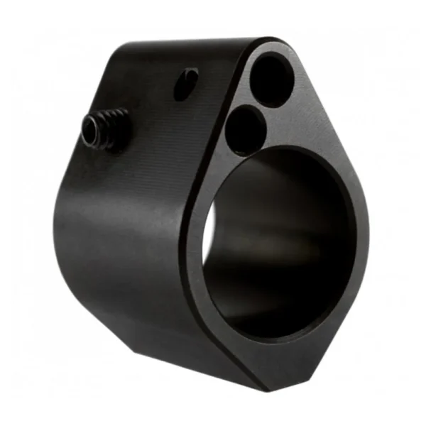 DPMS Gas Block Low Profile .750 Adjustable, black angled view with adjustment screw and ports