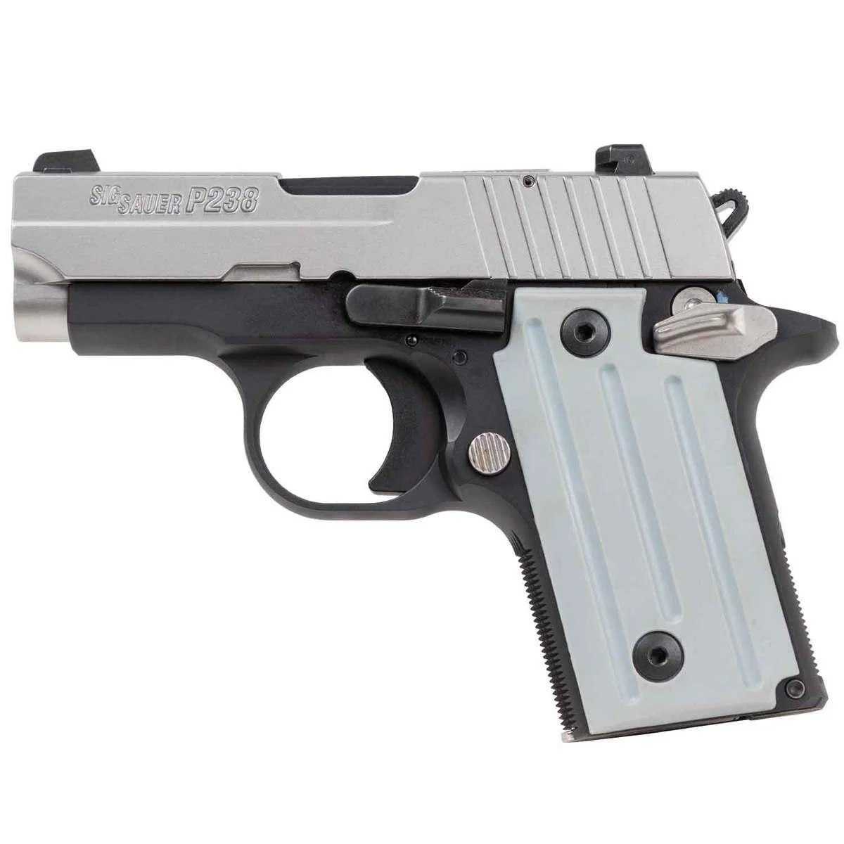 primary-427 Sig Sauer P238 black and silver handgun, left-side view with light-colored grip panels