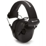 Pyramex Sentinel Electronic Ear Muffs, black folding over-ear muffs in angled front view