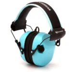 Pyramex Sentinel Electronic Earmuff in powder blue, angled view with black padded headband