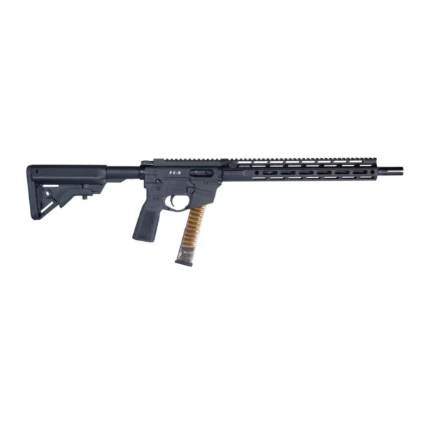 Freedom Ordnance FM9D Beltfed Rifle, left-side view in black with rail and brown grip