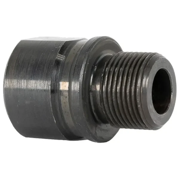 Banish 5781 Thread Adapter, black metal adapter with external threads, angled side view