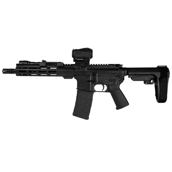 Shark Coast Midnight AR Pistol Bundle, black right-side view with red dot, magazine and brace