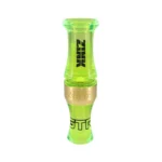 AVIAN Zink Green Top Rocker Duck Mouth Call, upright translucent green and gold view