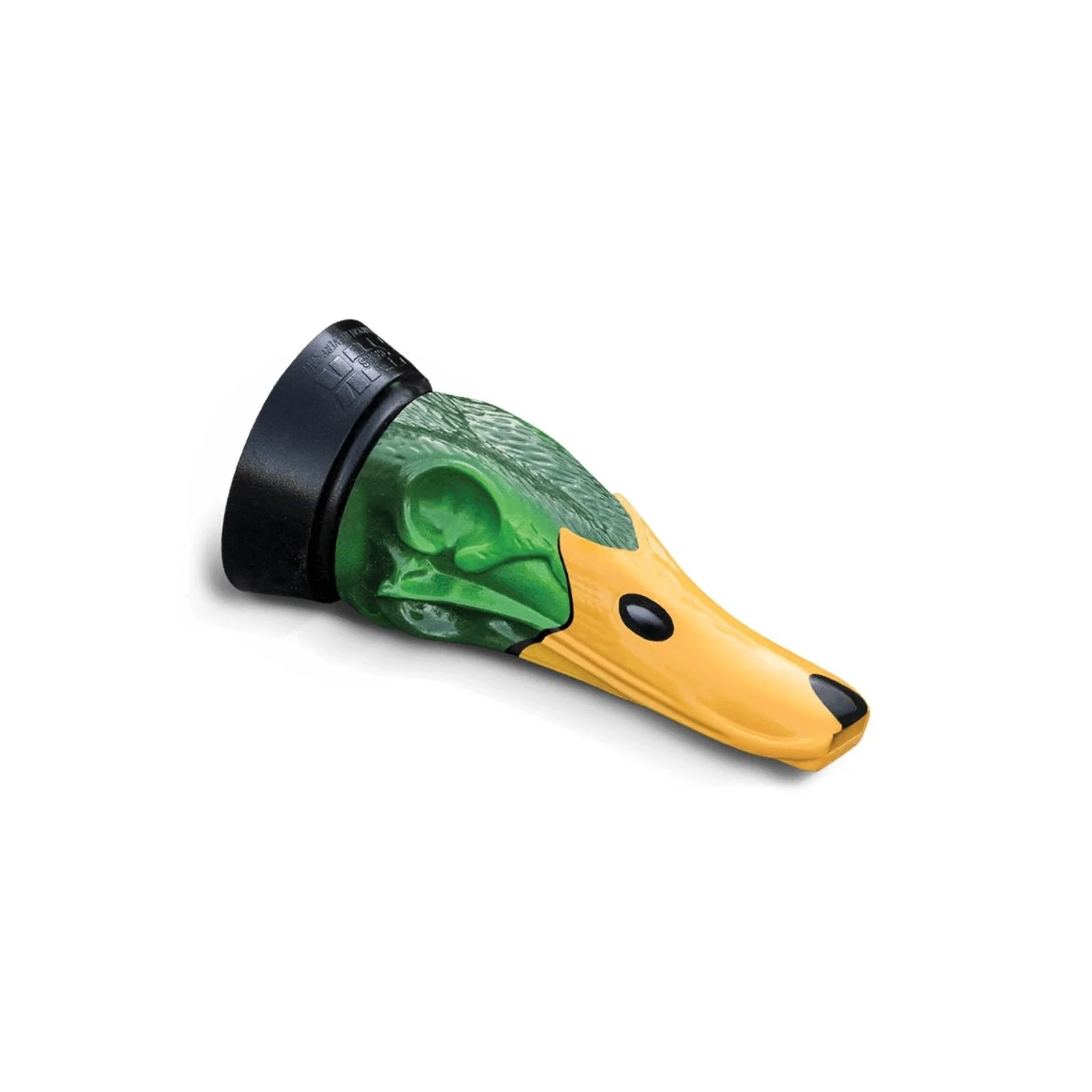 primary-42772 AVIAN Zink Mallard Drake Whistle, green and yellow duck-head design with black mouthpiece