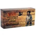 HSM Cowboy Action Rounds Ammunition, brown western-themed box in angled front view