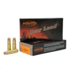 HSM Rifle Bear Loads Ammunition, two black boxes with three brass cartridges