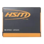 HSM Self Defense Handgun Ammunition, front view of gray and orange cartridge box