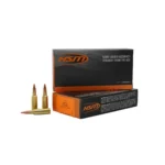 HSM Varmint Rifle Ammunition with two orange and black boxes and two upright cartridges