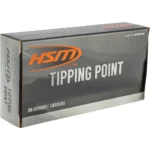HSM Tipping Point 2 Rifle Ammunition, gray and orange box in angled front view