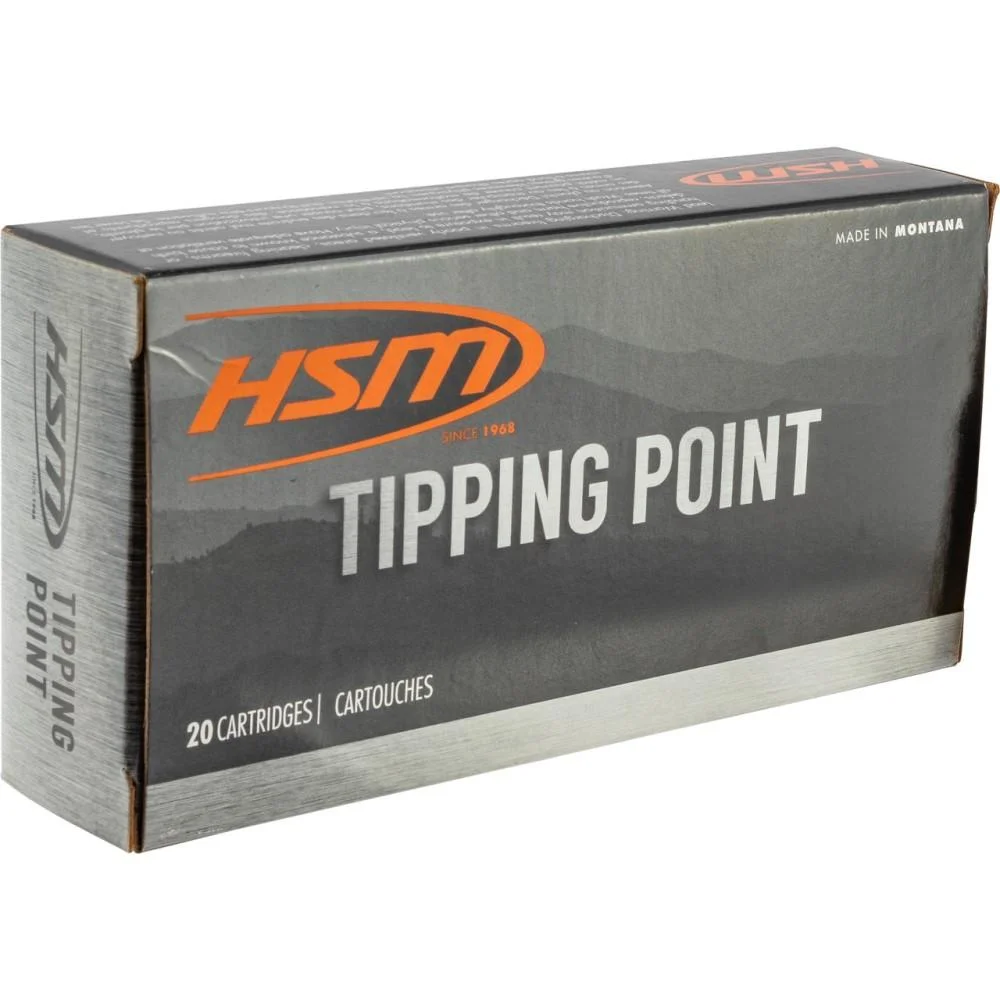 primary-42870 HSM Tipping Point 2 Rifle Ammunition, gray and orange box in angled front view